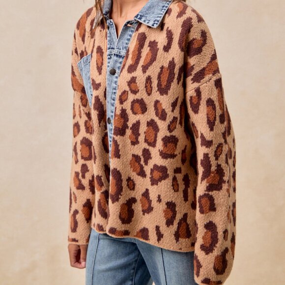 SOLD OUT BIBI Leopard Print Denim Jean Jacket Animal Print Cardigan - Picture 4 of 14